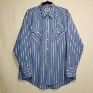 Ely Cattleman Western pearl snap front shirt Blue Size XL? 17 x 34 Striped FLAW